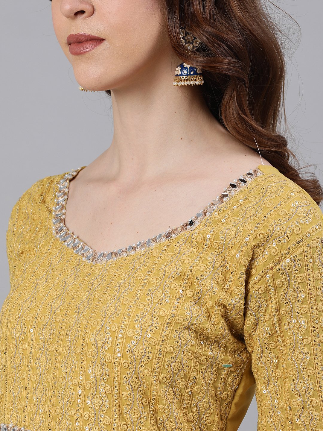 Ishin Women's Georgette Mustard Chikankari Embroidered Anarkali Kurta With Dupatta & Unstiched Bottom