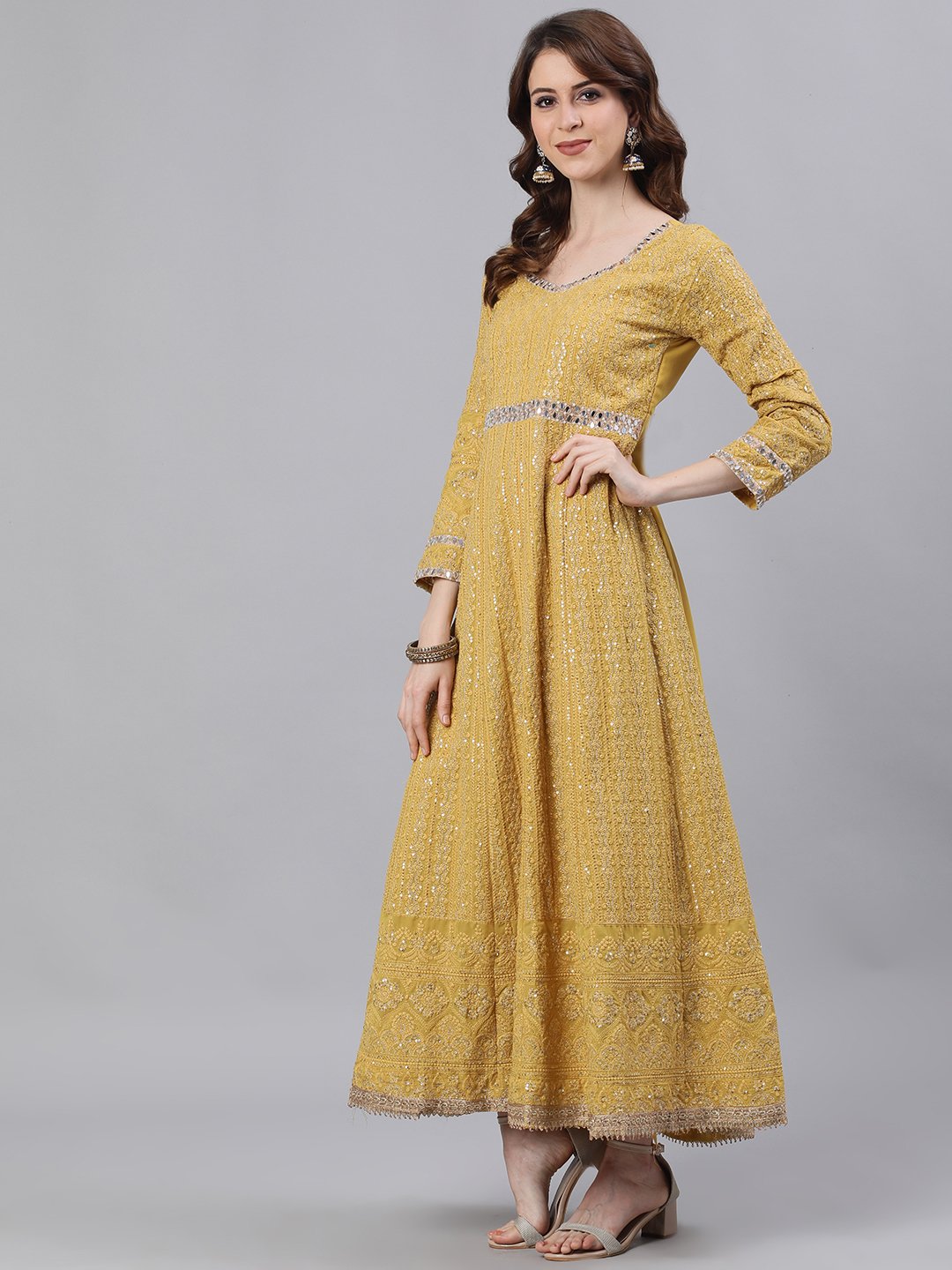 Ishin Women's Georgette Mustard Chikankari Embroidered Anarkali Kurta With Dupatta & Unstiched Bottom