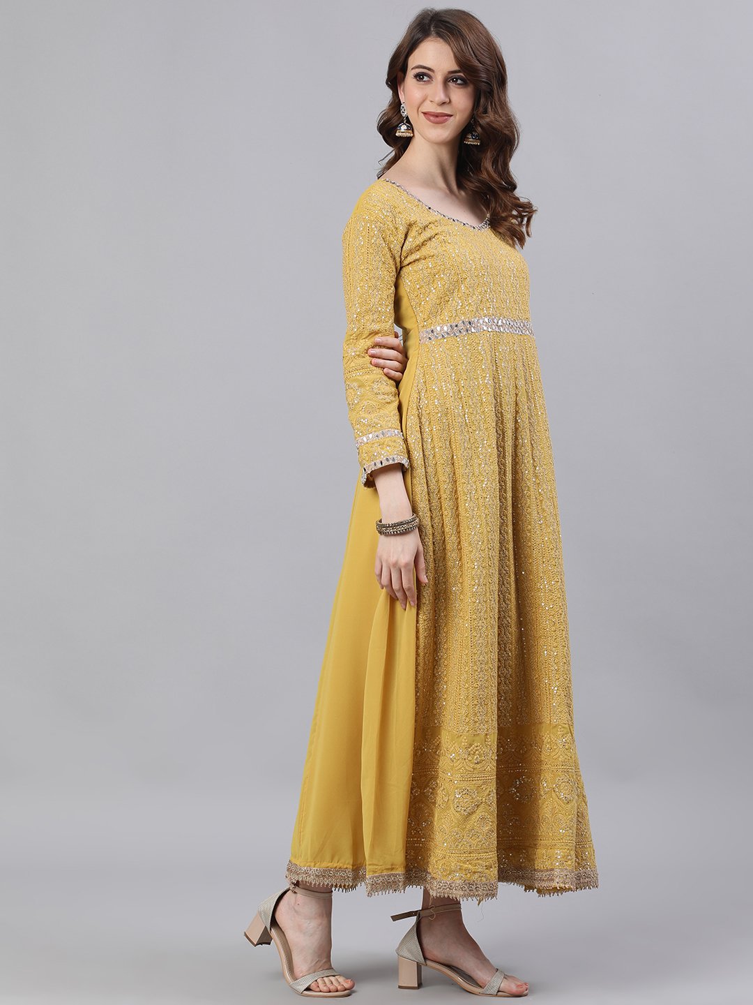 Ishin Women's Georgette Mustard Chikankari Embroidered Anarkali Kurta With Dupatta & Unstiched Bottom