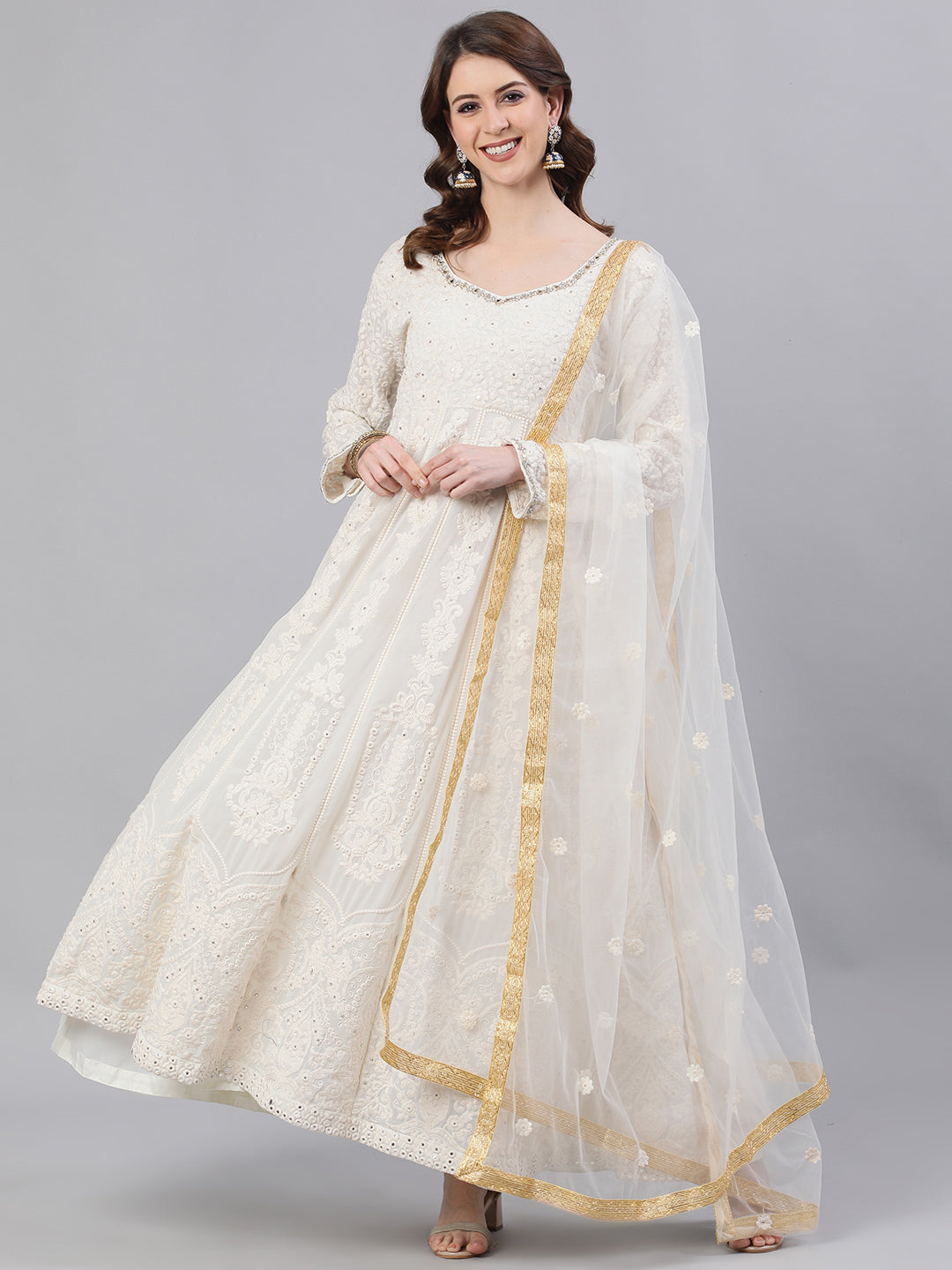 Ishin Women's Georgette White Chikankari Embroidered Anarkali Kurta With Dupatta & Unstiched Bottom