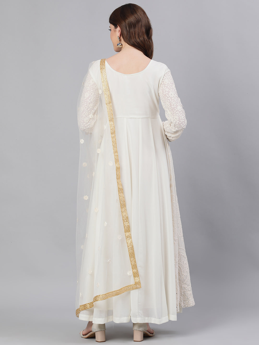 Ishin Women's Georgette White Chikankari Embroidered Anarkali Kurta With Dupatta & Unstiched Bottom