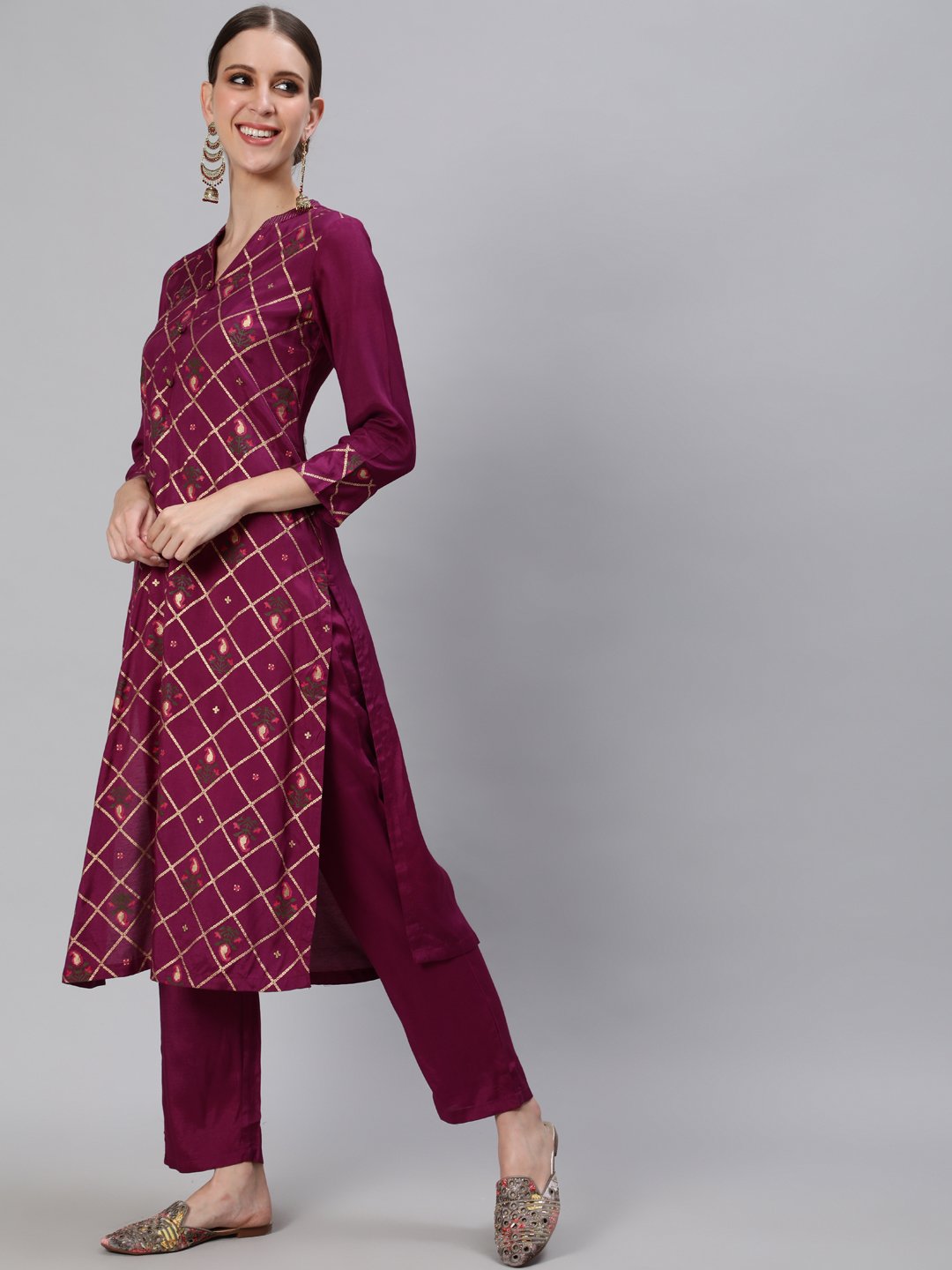 Ishin Women's Silk Blend Burgundy Foil Printed A-Line Kurta Trouser Dupatta Set