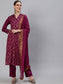Ishin Women's Silk Blend Burgundy Foil Printed A-Line Kurta Trouser Dupatta Set