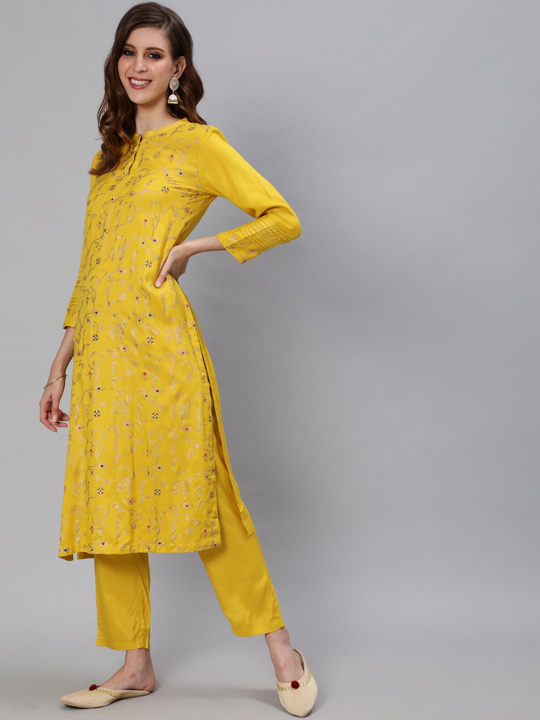 Ishin Women's Silk Blend Yellow Foil Printed A-Line Kurta Trouser Dupatta Set
