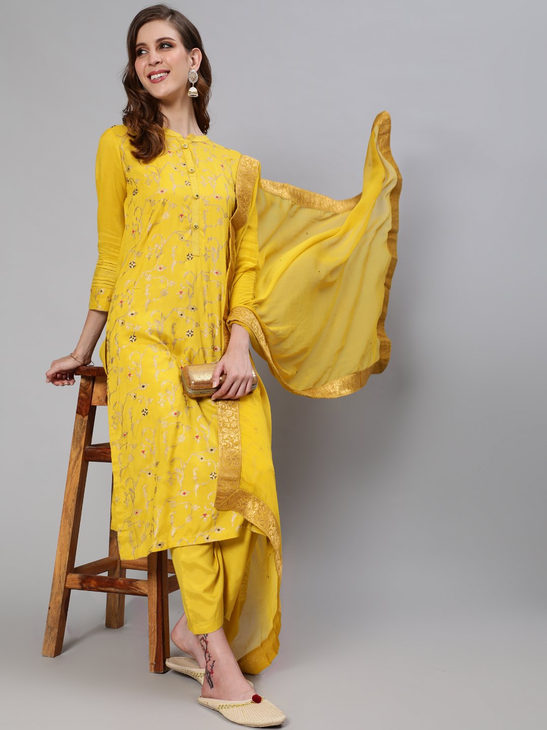 Ishin Women's Silk Blend Yellow Foil Printed A-Line Kurta Trouser Dupatta Set