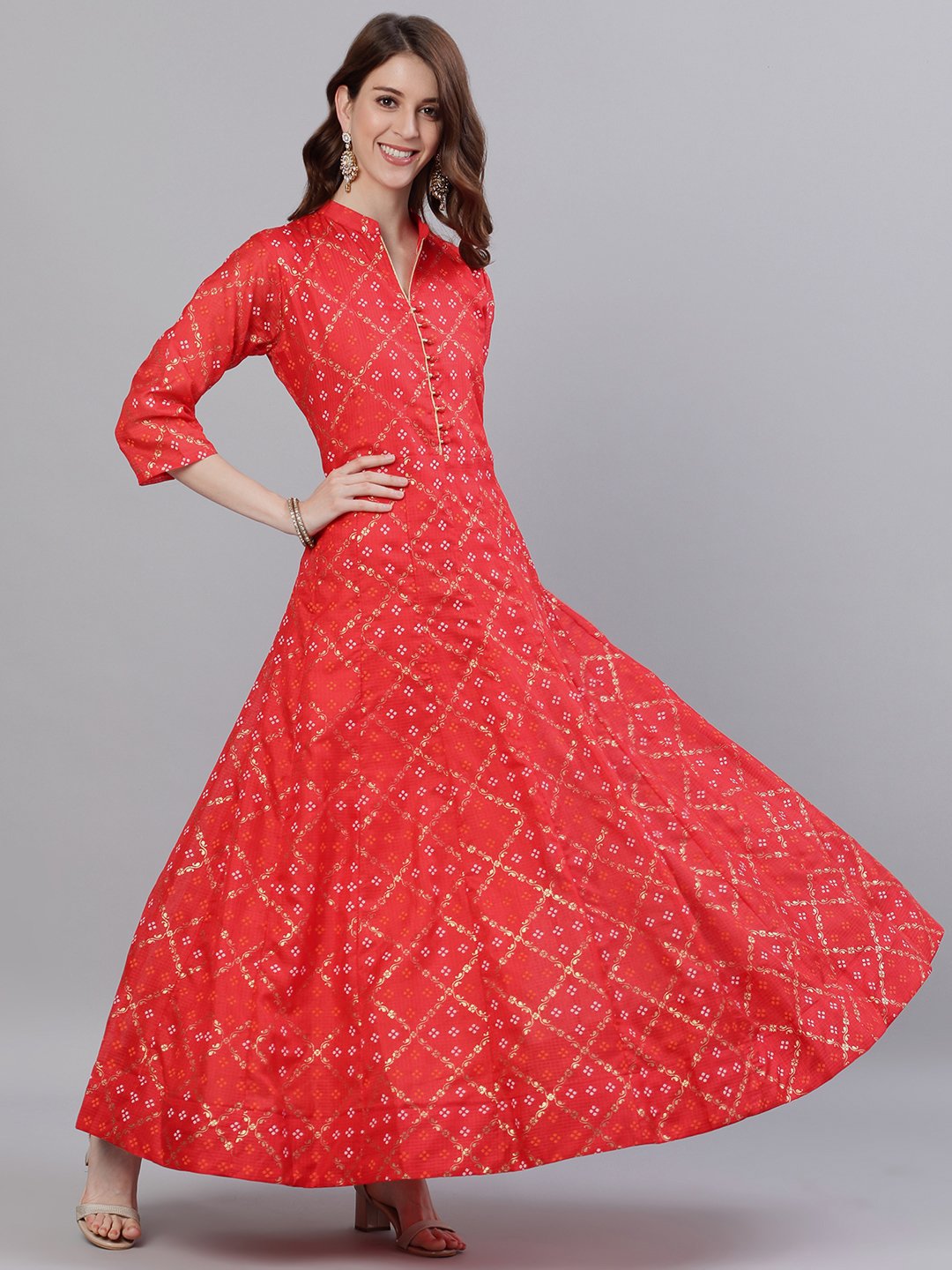 Ishin Women's Cotton Red Bandhani Printed Anarkali Dress
