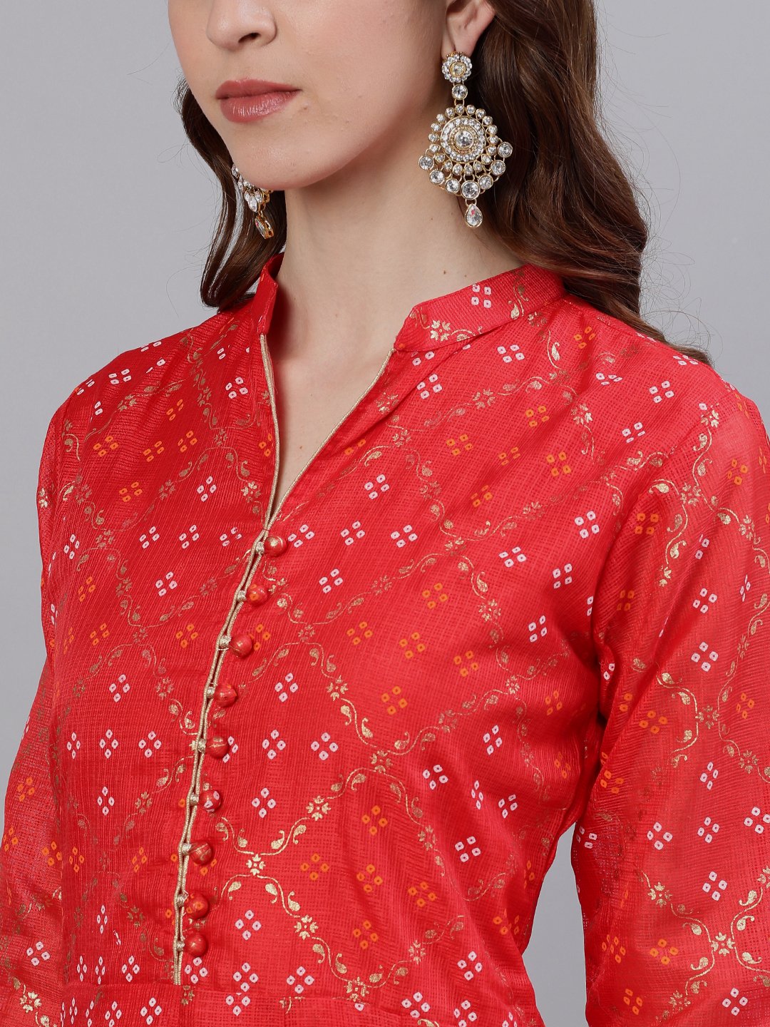 Ishin Women's Cotton Red Bandhani Printed Anarkali Dress
