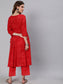 Ishin Women's Cotton Red Printed Anarkali Kurta Trouser Set