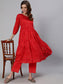 Ishin Women's Cotton Red Printed Anarkali Kurta Trouser Set