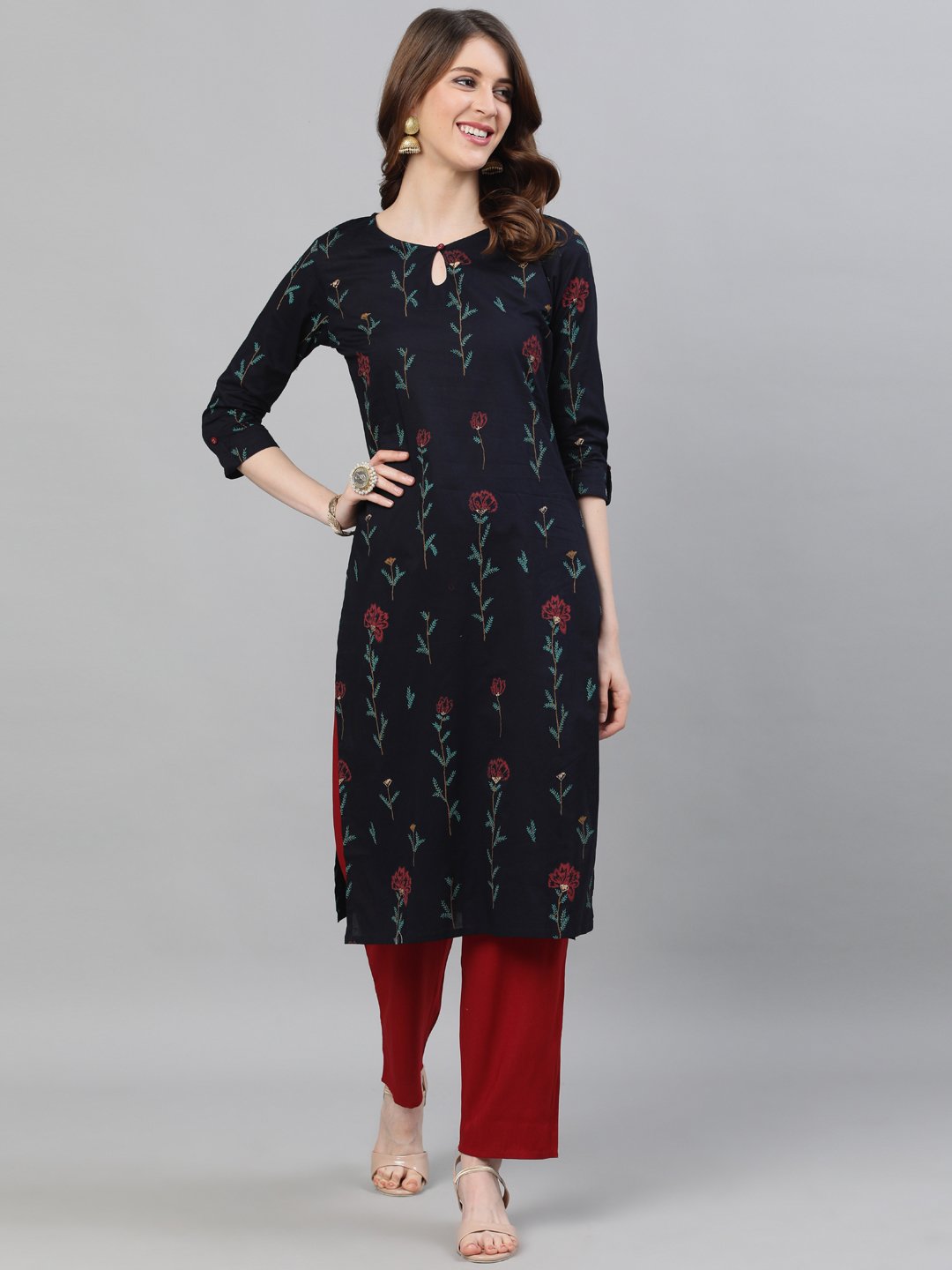 Ishin Women's Cotton Navy Blue Printed A-Line Kurta Trouser Set