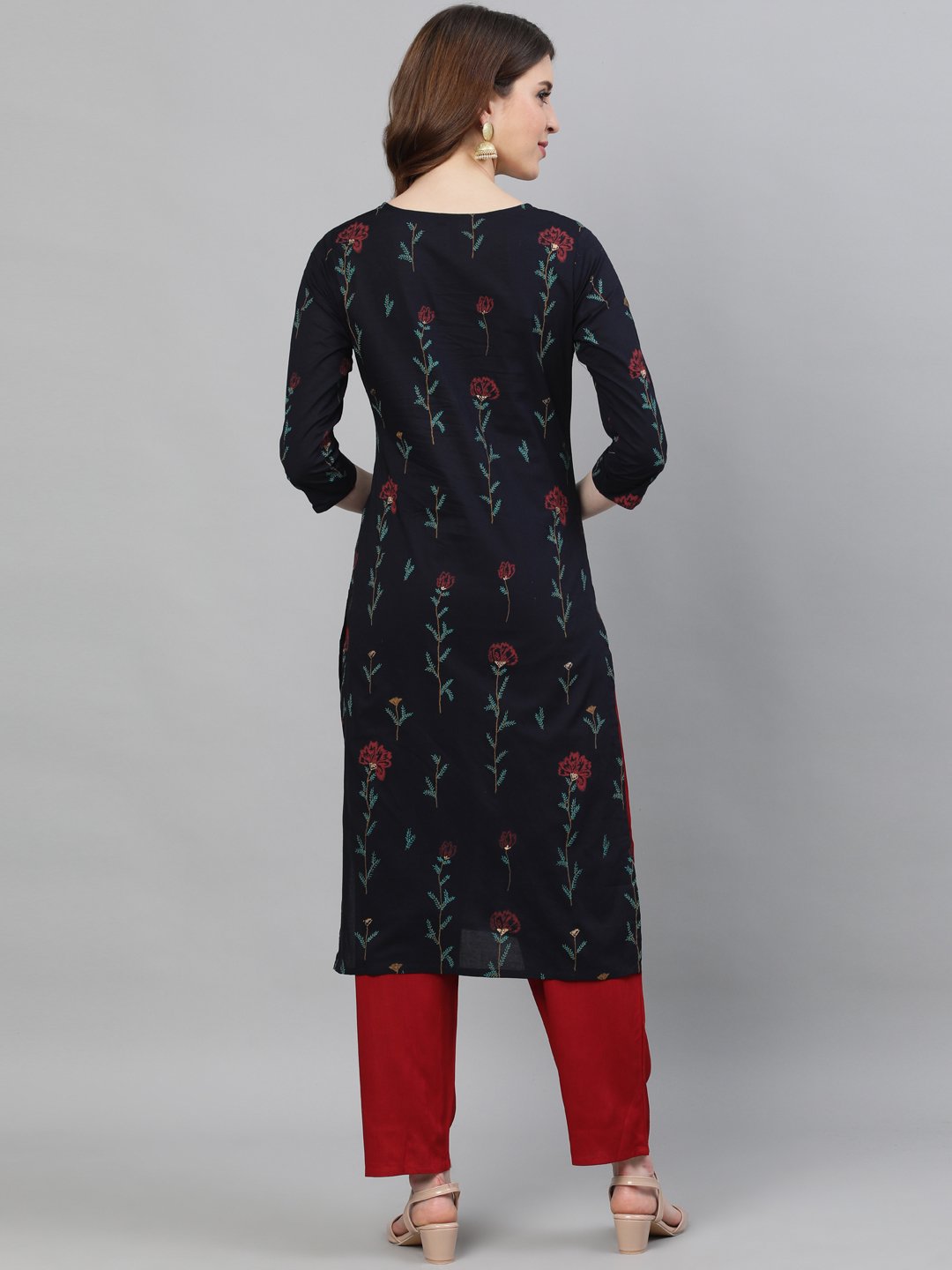 Ishin Women's Cotton Navy Blue Printed A-Line Kurta Trouser Set