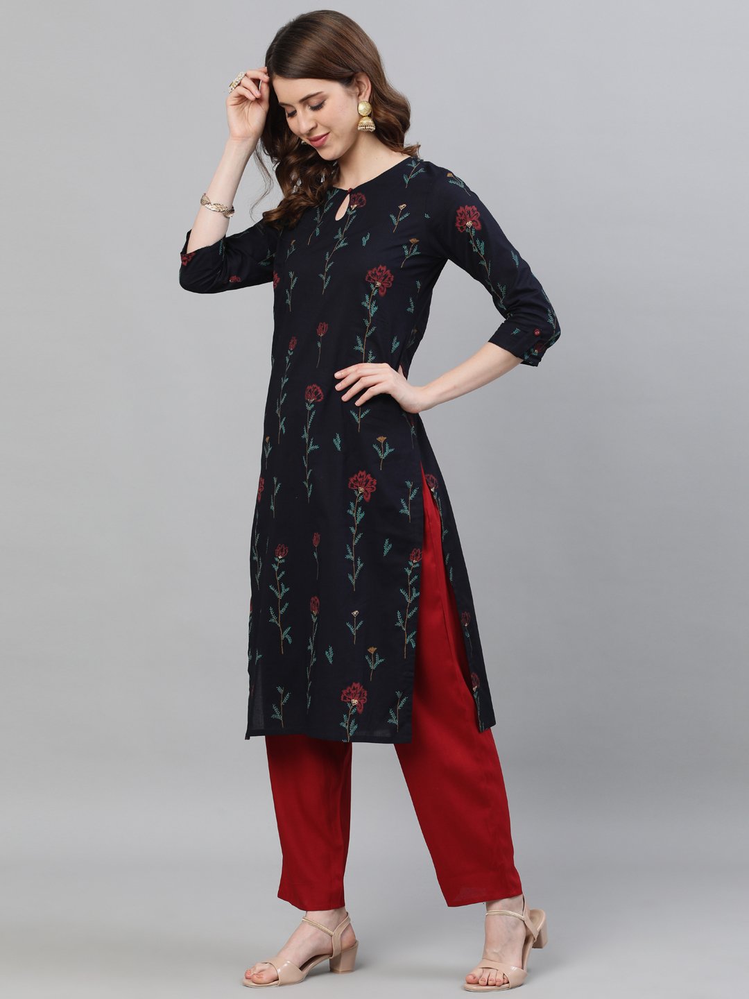 Ishin Women's Cotton Navy Blue Printed A-Line Kurta Trouser Set