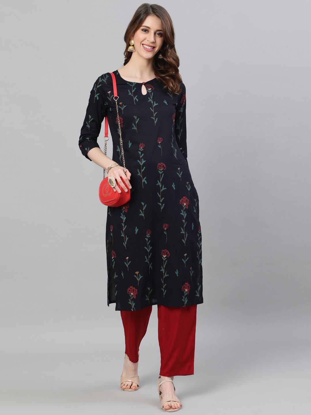 Ishin Women's Cotton Navy Blue Printed A-Line Kurta Trouser Set