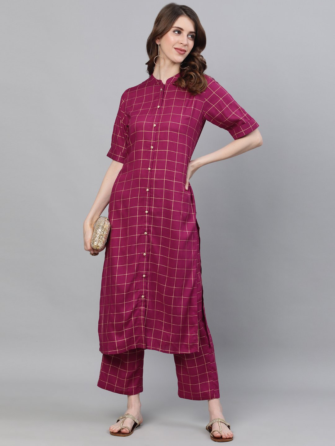 Ishin Women's Rayon Purple Foil Printed A-Line Kurta Palazzo Set