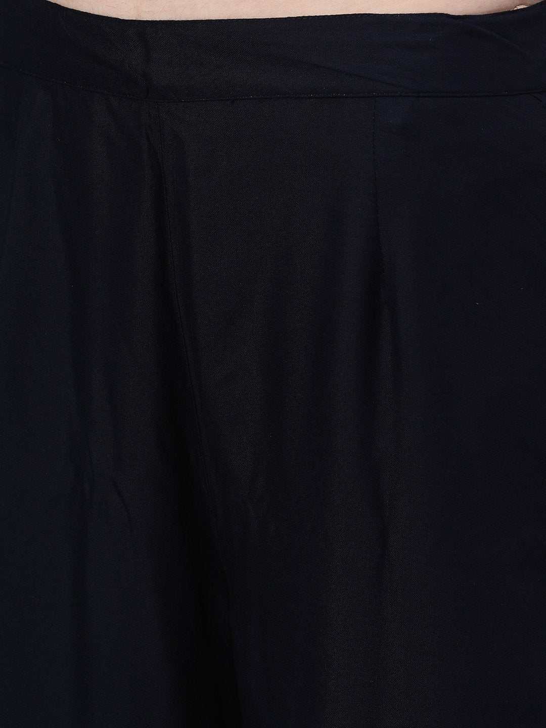 Ishin Women's Rayon Navy Blue Foil Printed Straight Kurta Palazzo Set