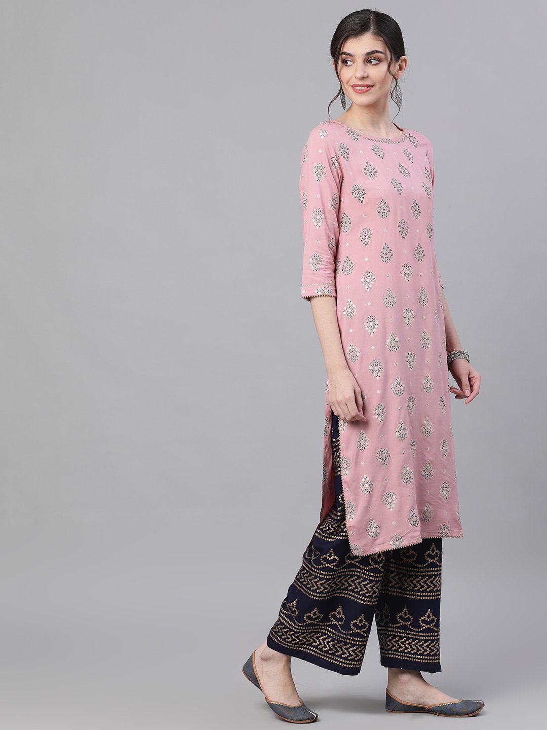 Ishin Women's Rayon Pink & Blue Foil Printed Straight Kurta Palazzo Set