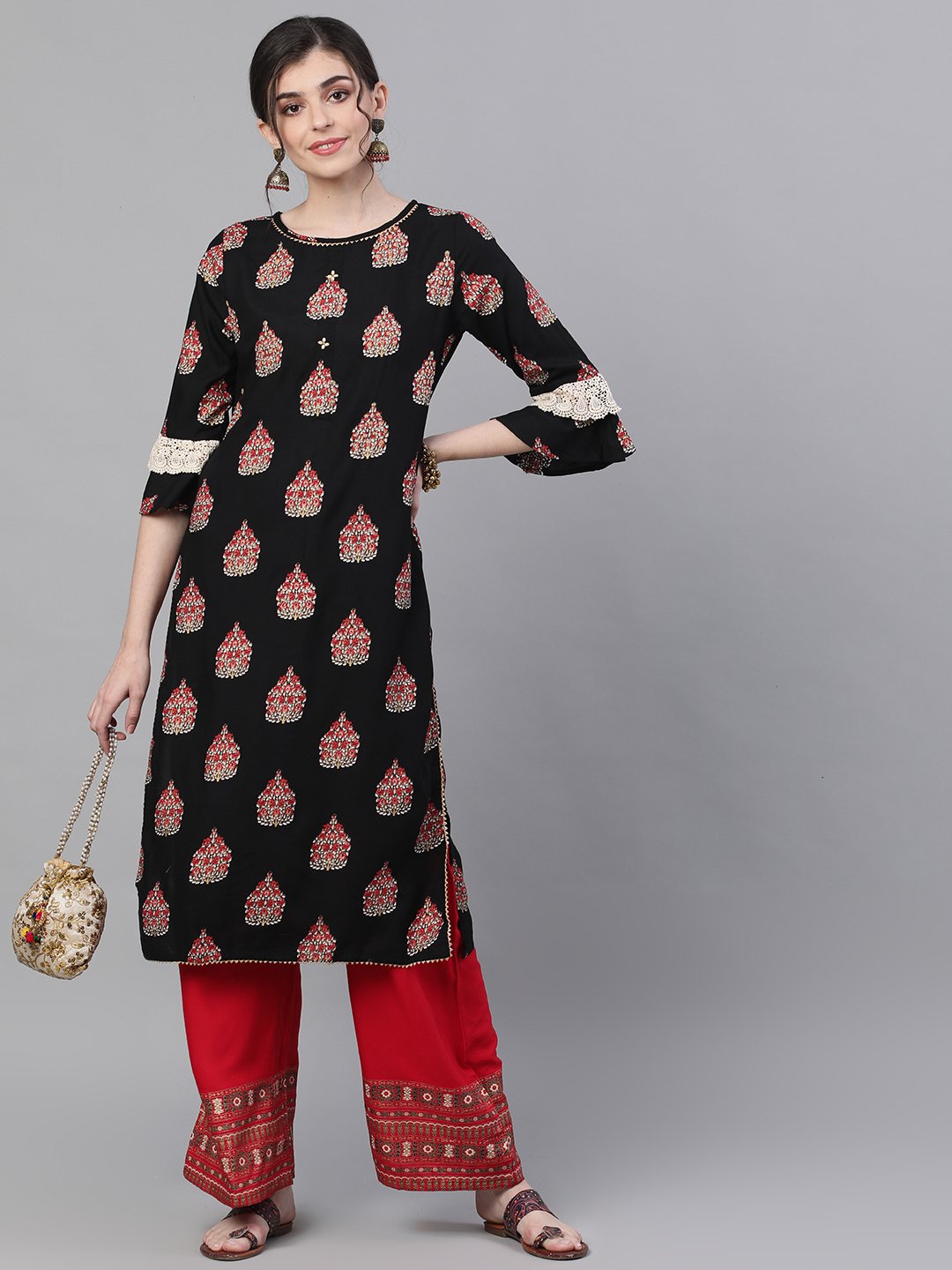 Ishin Women's Rayon Black & Red Sequinned Foil Printed Straight Kurta Palazzo Set