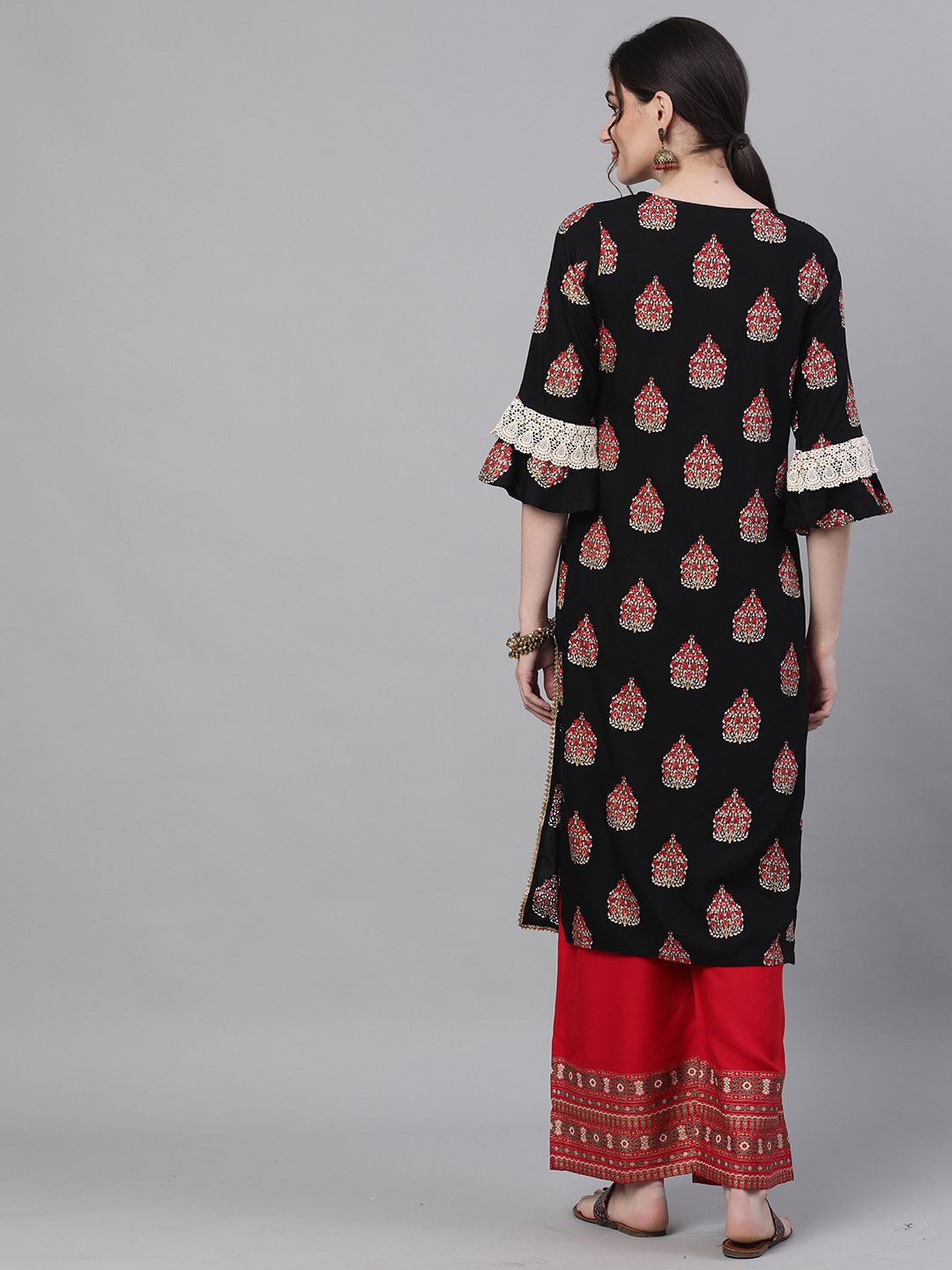 Ishin Women's Rayon Black & Red Sequinned Foil Printed Straight Kurta Palazzo Set