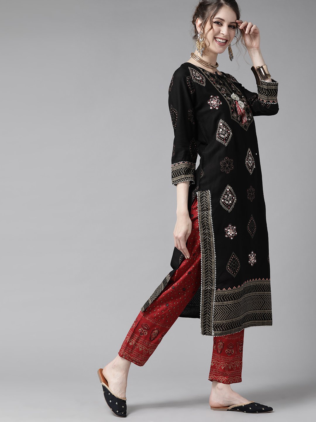 Ishin Women's Rayon Black & Red Embroidered A-Line Kurta Trouser Dupatta Set
