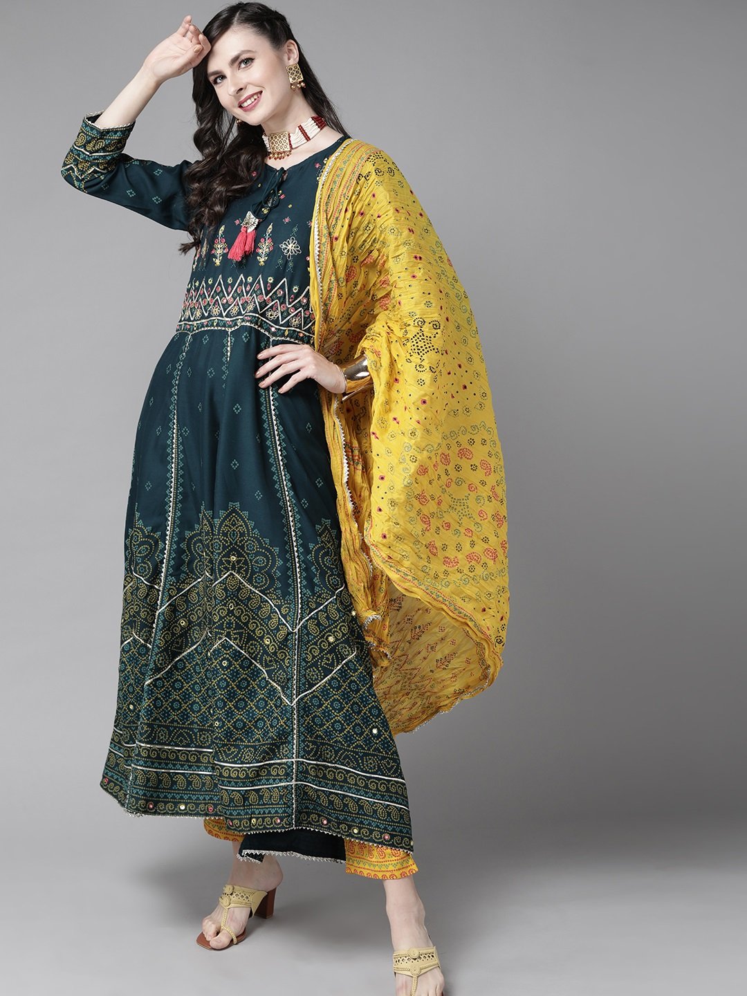 Ishin Women's Rayon Teal & Yellow Bandhani Embroidered Anarkali Kurta Trouser Dupatta Set