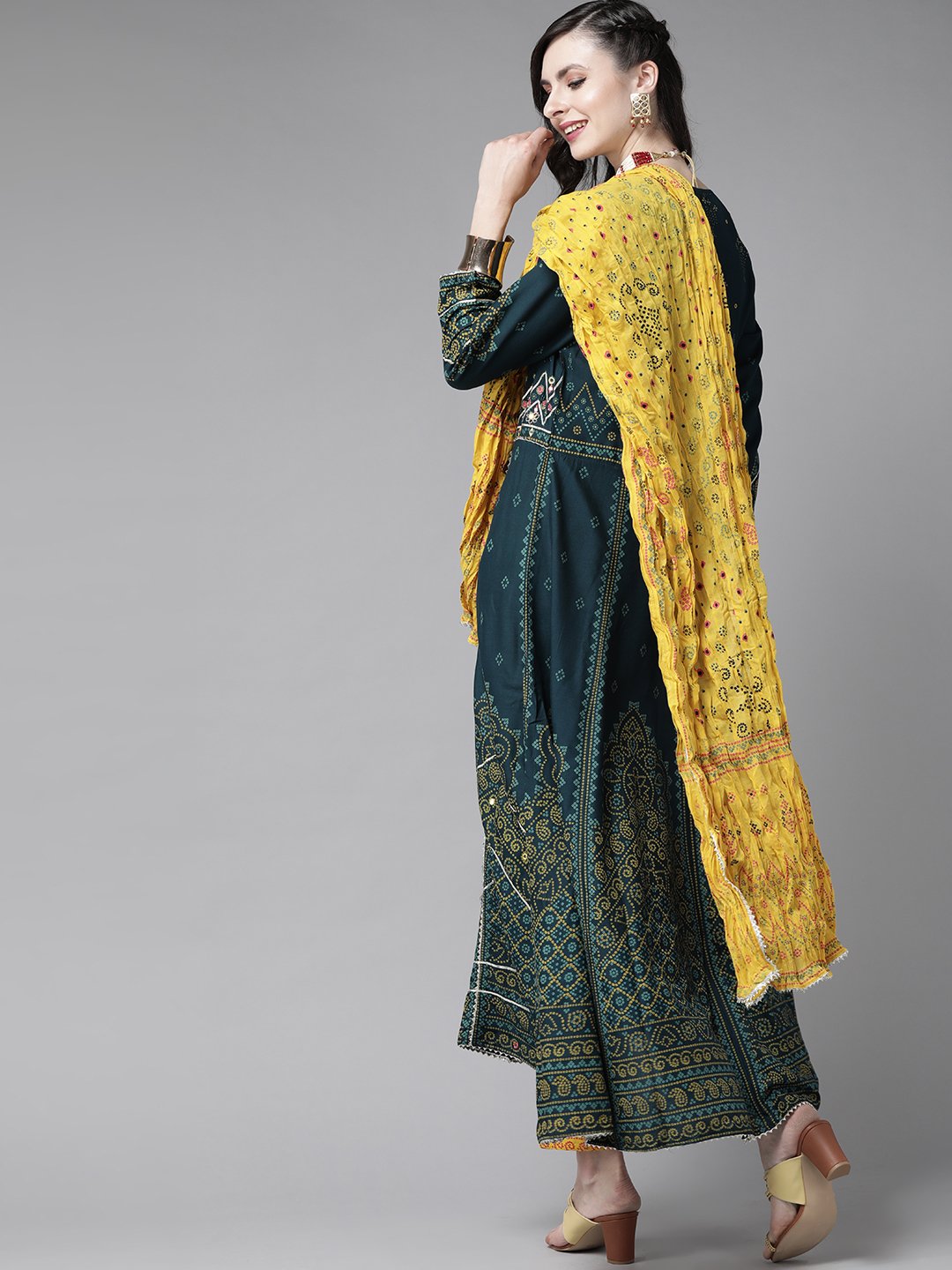 Ishin Women's Rayon Teal & Yellow Bandhani Embroidered Anarkali Kurta Trouser Dupatta Set