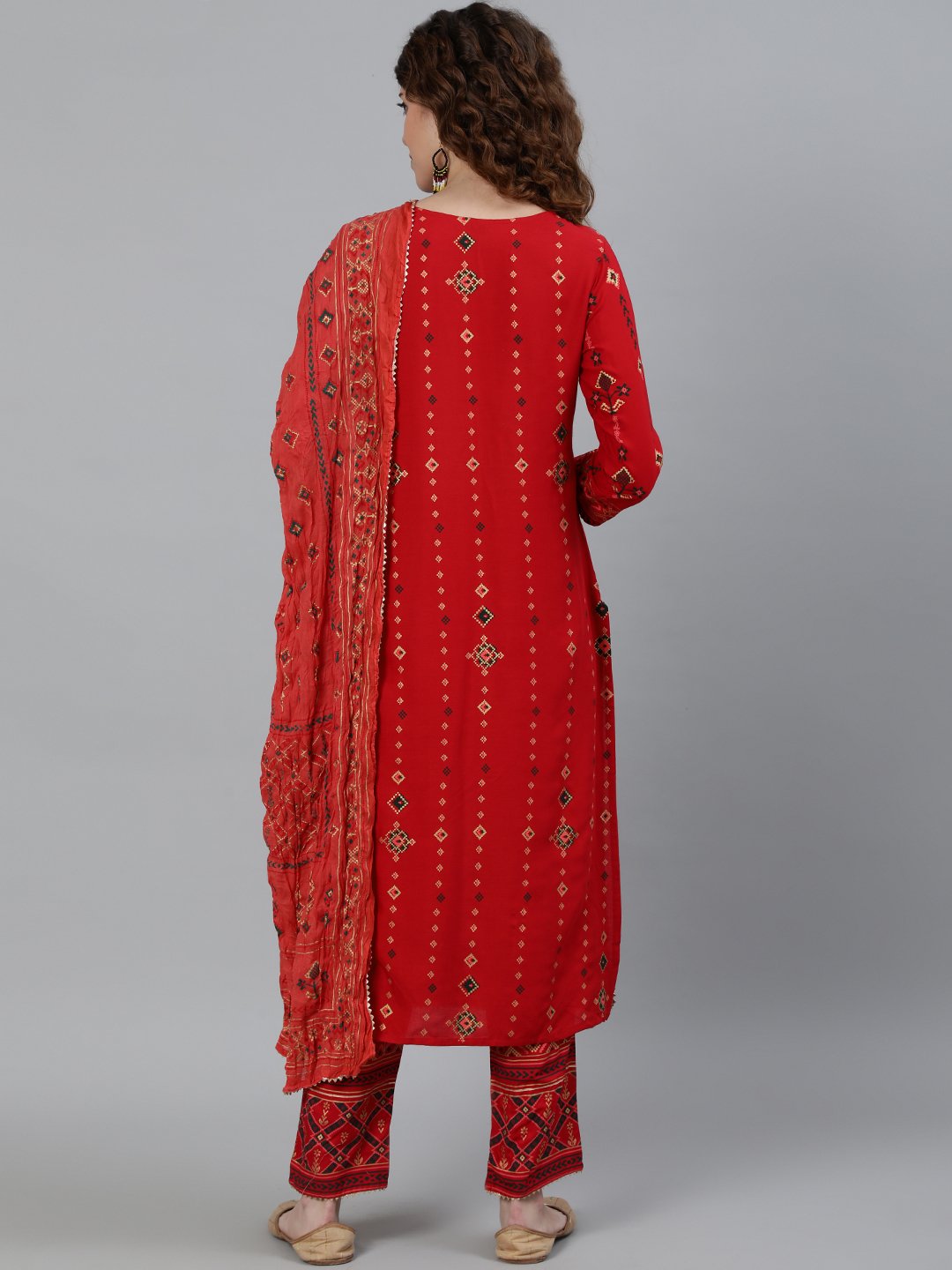 Ishin Women's Red Embroidered Straight Kurta With Trouser & Dupatta