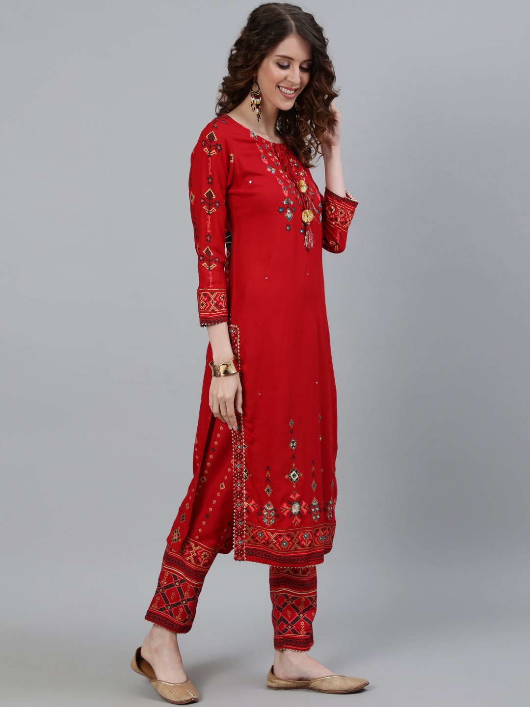 Ishin Women's Red Embroidered Straight Kurta With Trouser & Dupatta