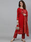 Ishin Women's Red Embroidered Straight Kurta With Trouser & Dupatta