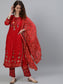Ishin Women's Red Embroidered Straight Kurta With Trouser & Dupatta