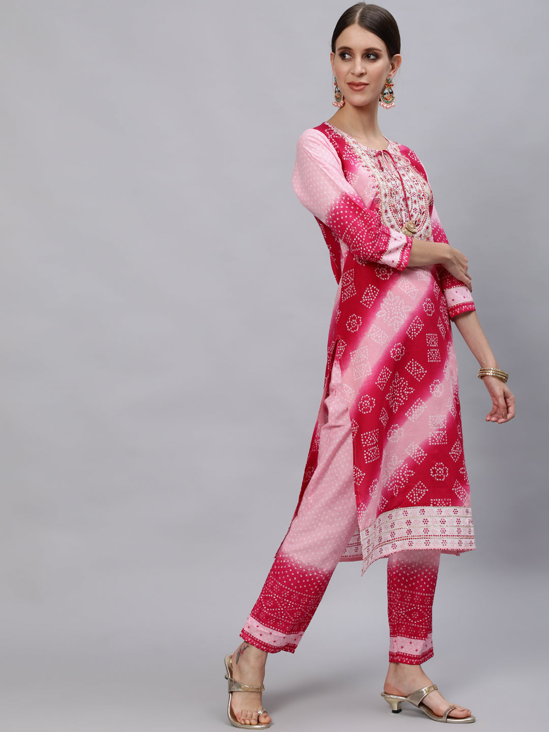 Ishin Women's Pink Embroidered A-Line Tie & Dye Kurta Trouser Dupatta Set