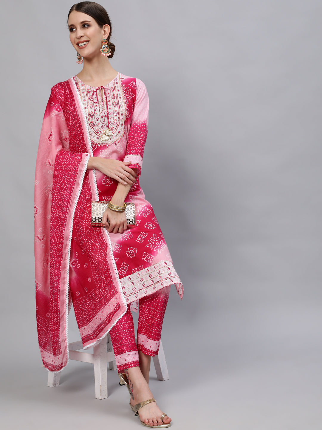 Ishin Women's Pink Embroidered A-Line Tie & Dye Kurta Trouser Dupatta Set