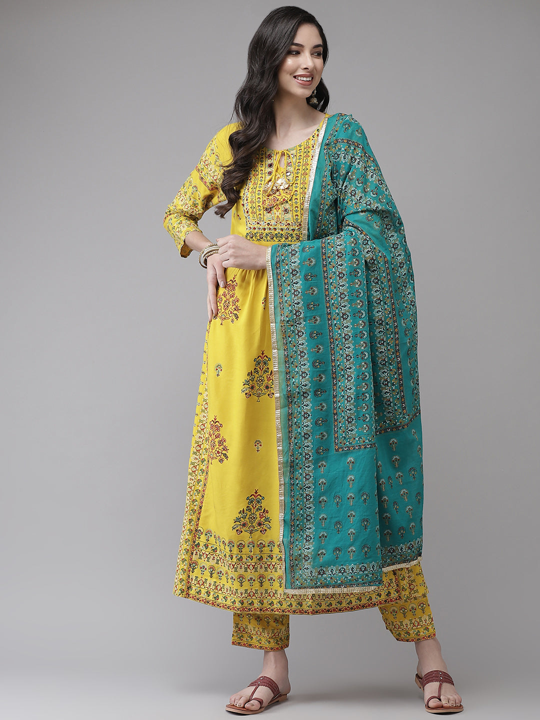 Ishin Women's Viscose Rayon Yellow Embroidered A-Line Kurta Trouser Dupatta Set