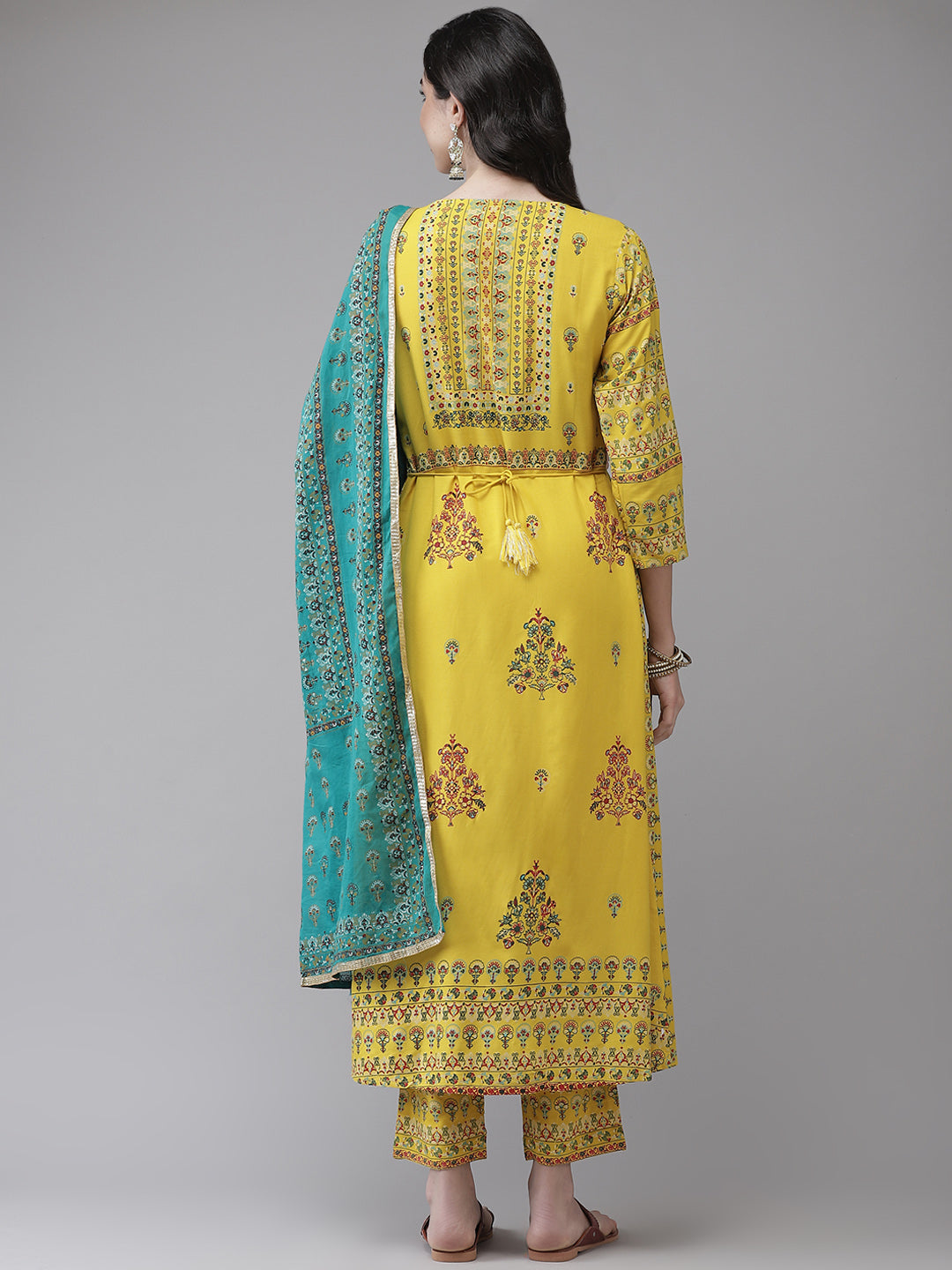 Ishin Women's Viscose Rayon Yellow Embroidered A-Line Kurta Trouser Dupatta Set