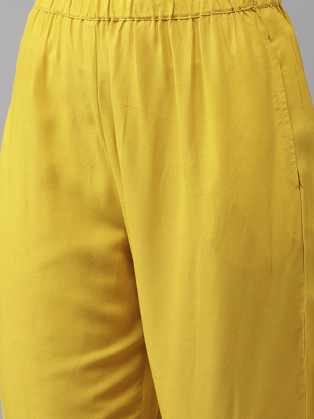 Ishin Women's Viscose Rayon Yellow Embroidered A-Line Kurta Trouser Dupatta Set