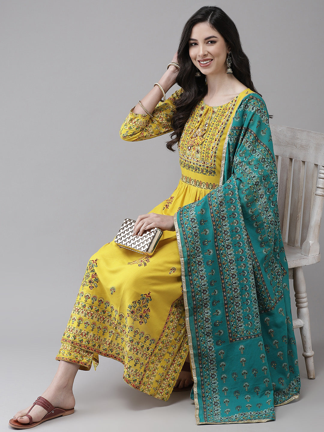 Ishin Women's Viscose Rayon Yellow Embroidered A-Line Kurta Trouser Dupatta Set