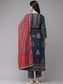 Ishin Women's Viscose Rayon Teal Embroidered A-Line Kurta Trouser Dupatta Set