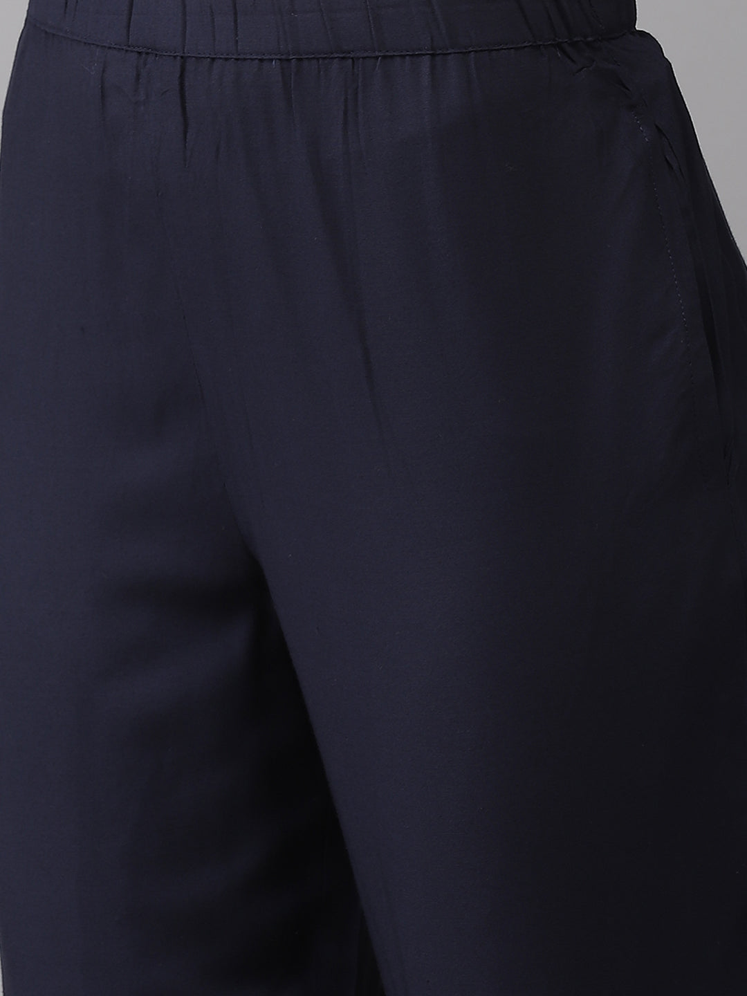 Ishin Women's Viscose Rayon Navy Blue Embroidered A-Line Kurta Trouser Dupatta Set
