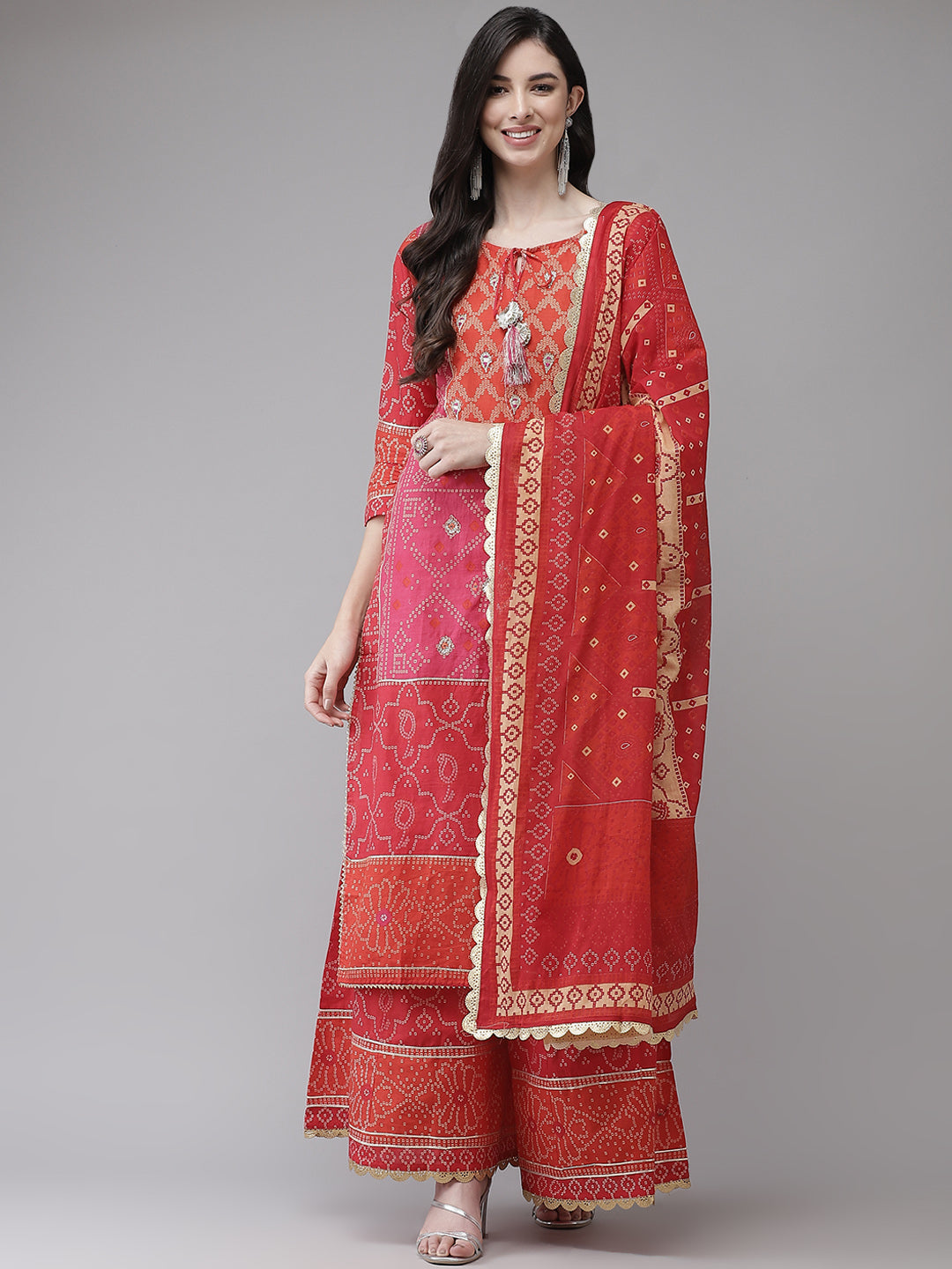 Ishin Women's Cotton Multicolor Zari Embroidered A-Line Kurta Sharara Dupatta Set 