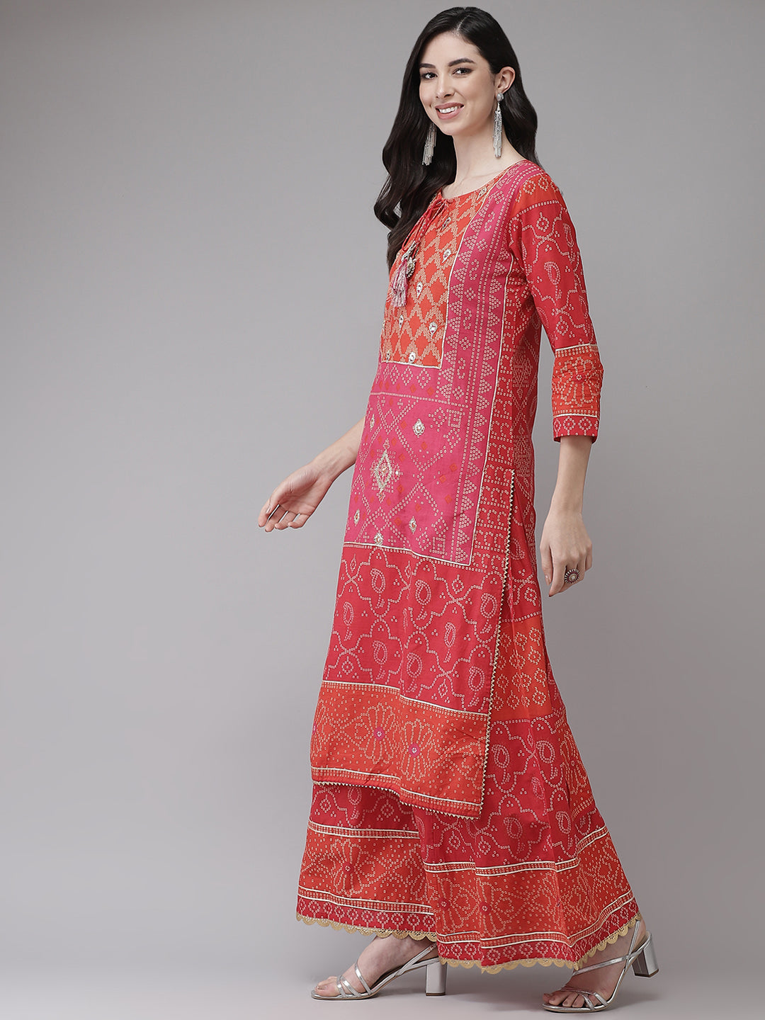 Ishin Women's Cotton Multicolor Zari Embroidered A-Line Kurta Sharara Dupatta Set