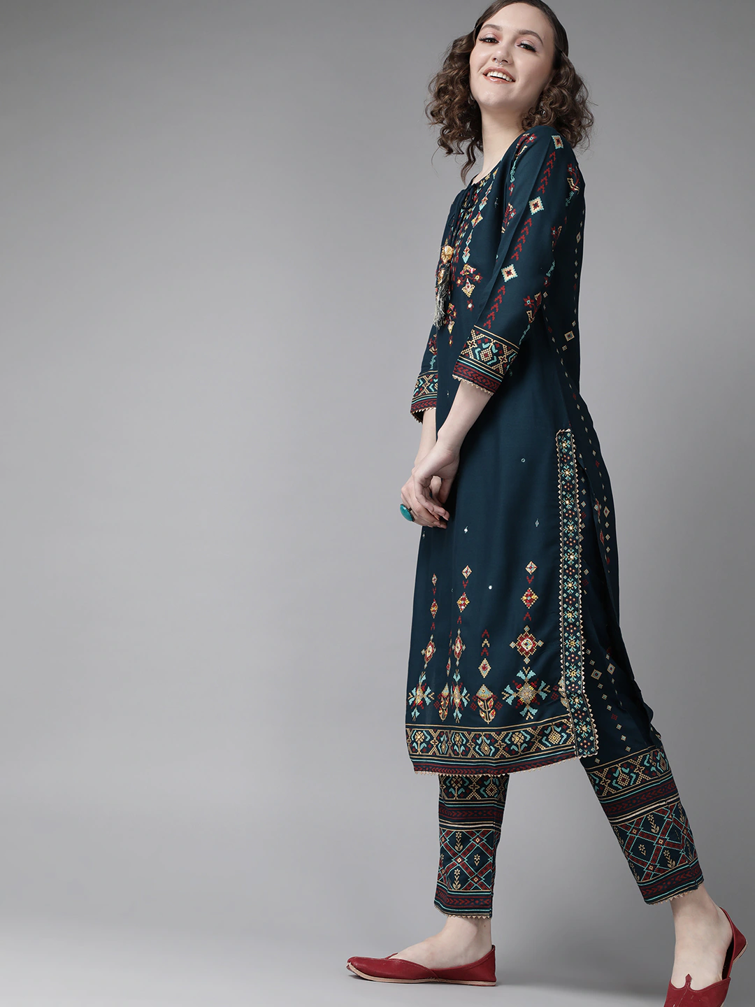 Ishin Women's Teal Embroidered A-Line Kurta Trouser Dupatta Set