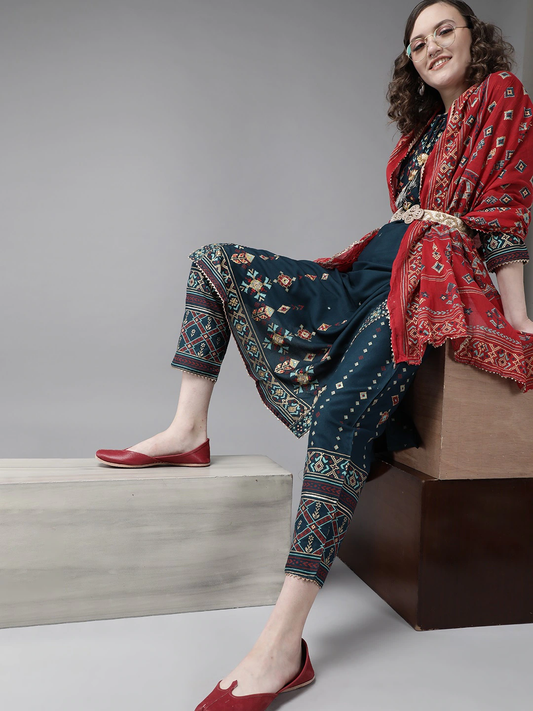Ishin Women's Teal Embroidered A-Line Kurta Trouser Dupatta Set