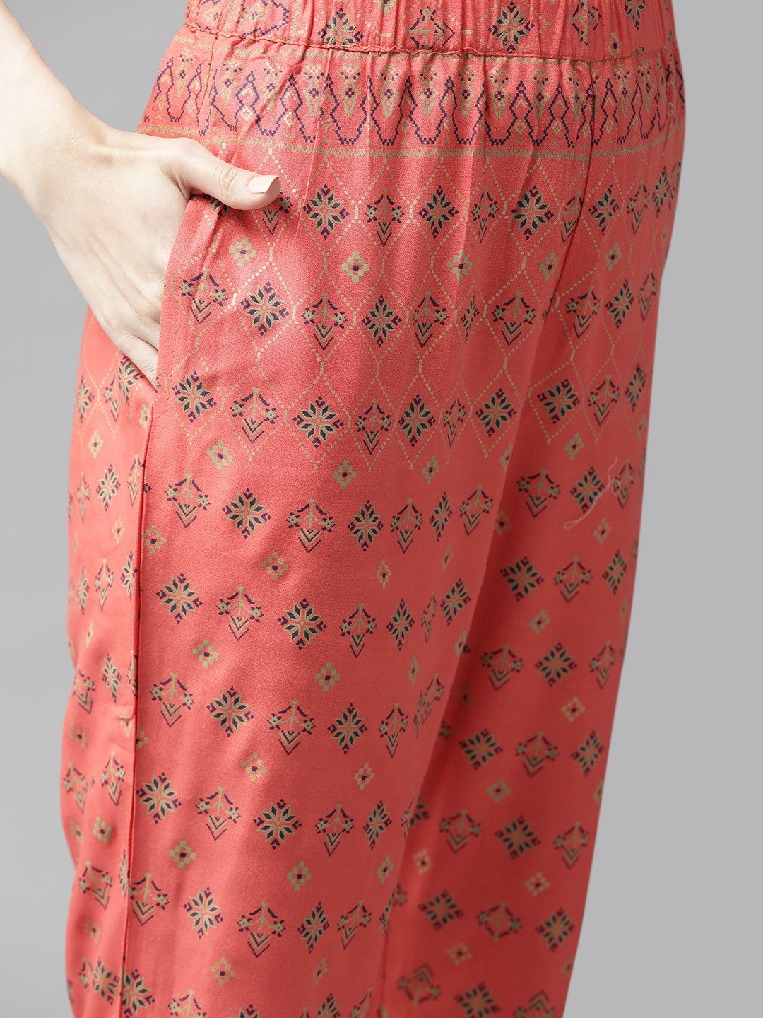 Ishin Women's Navy Blue & Peach Embroidered A-Line Kurta Trouser Dupatta Set