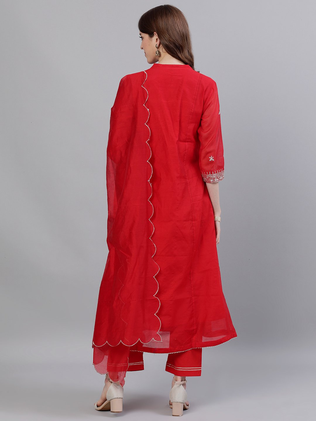 Ishin Women's Chanderi Silk Red Zari Embroidered A-Line Kurta Trouser Dupatta Set