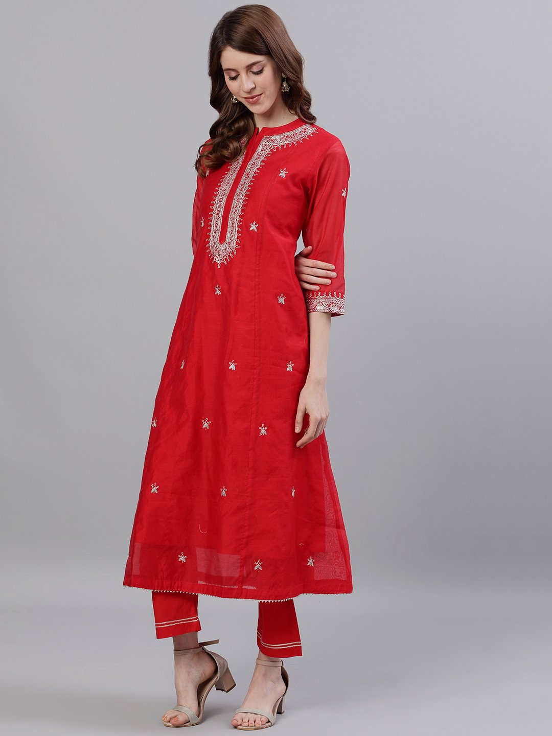 Ishin Women's Chanderi Silk Red Zari Embroidered A-Line Kurta Trouser Dupatta Set