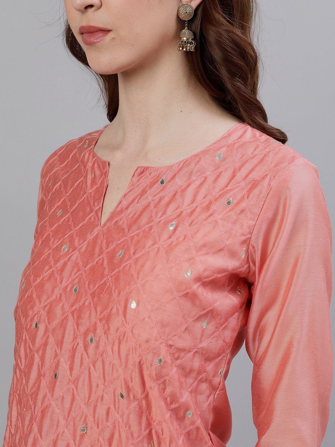 Ishin Women's Chanderi Silk Peach Gota Patti Embroidered A-Line Kurta Trouser Dupatta Set
