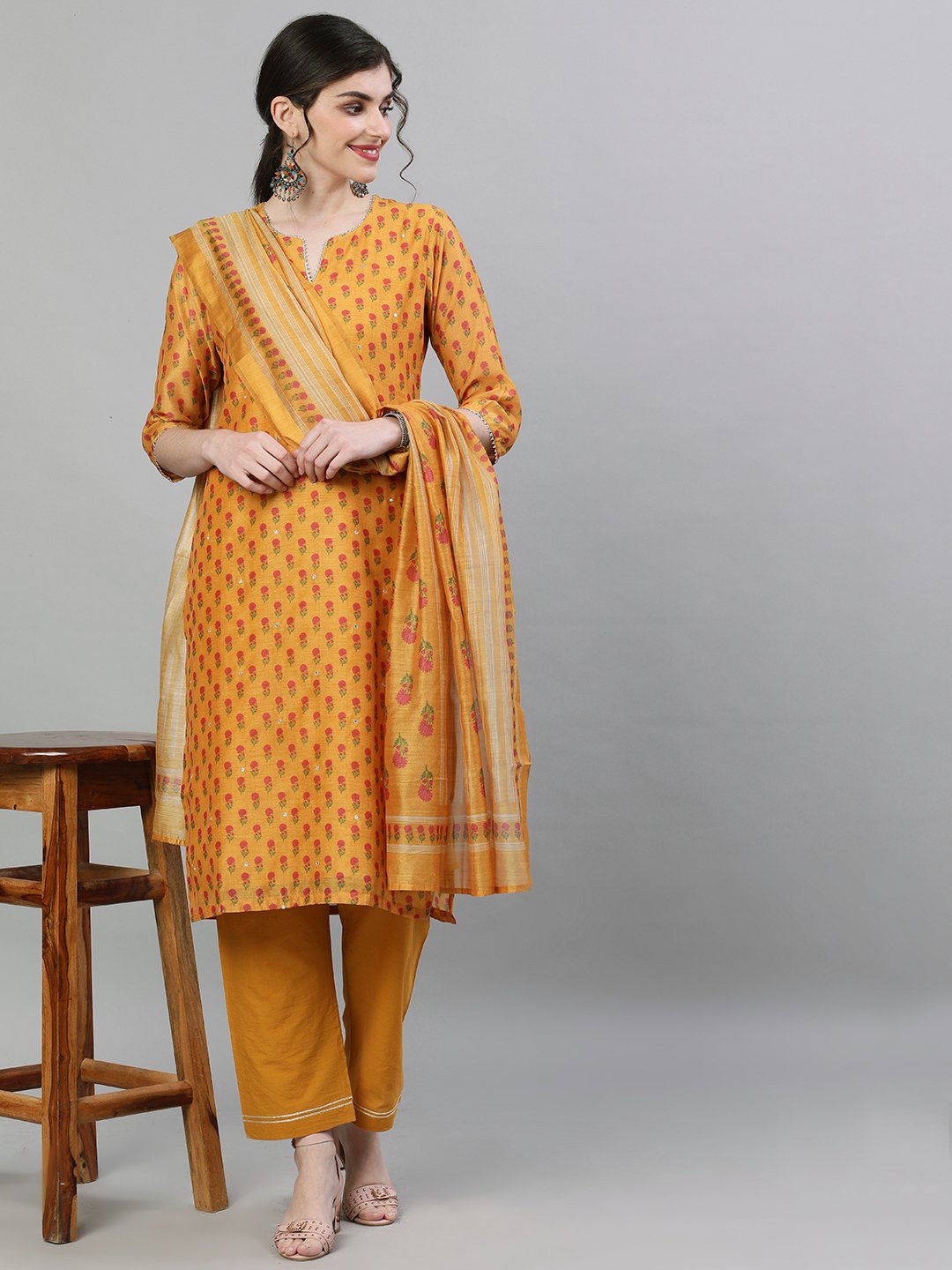 Ishin Women's Chanderi Silk Mustard Embellished Straight Kurta Trouser Dupatta Set