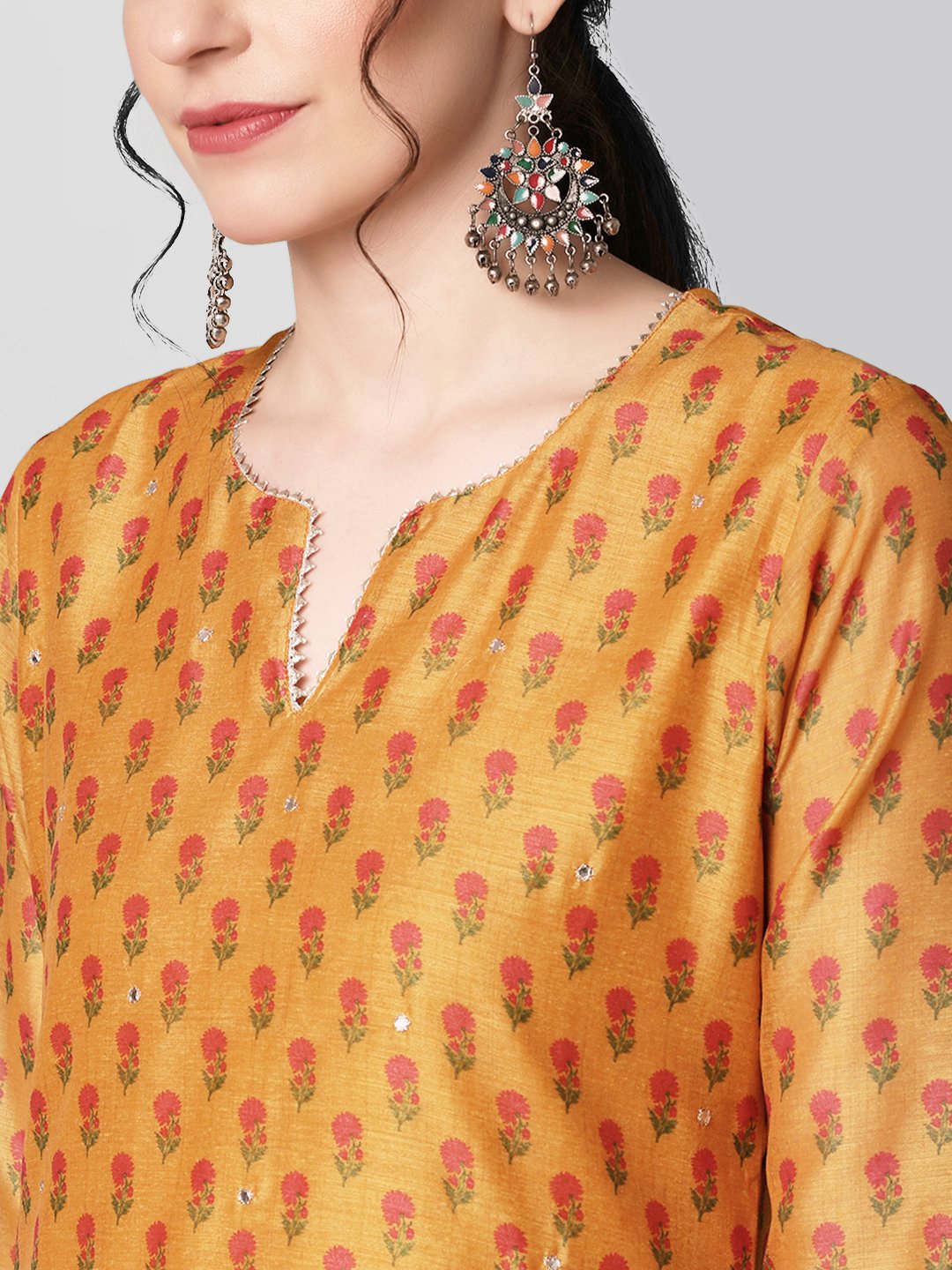 Ishin Women's Chanderi Silk Mustard Embellished Straight Kurta Trouser Dupatta Set
