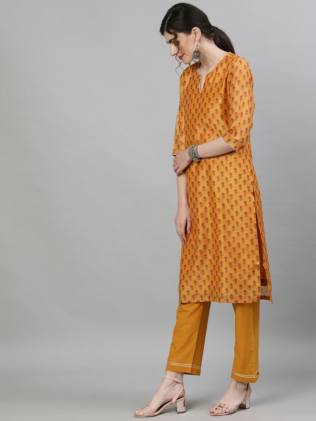 Ishin Women's Chanderi Silk Mustard Embellished Straight Kurta Trouser Dupatta Set