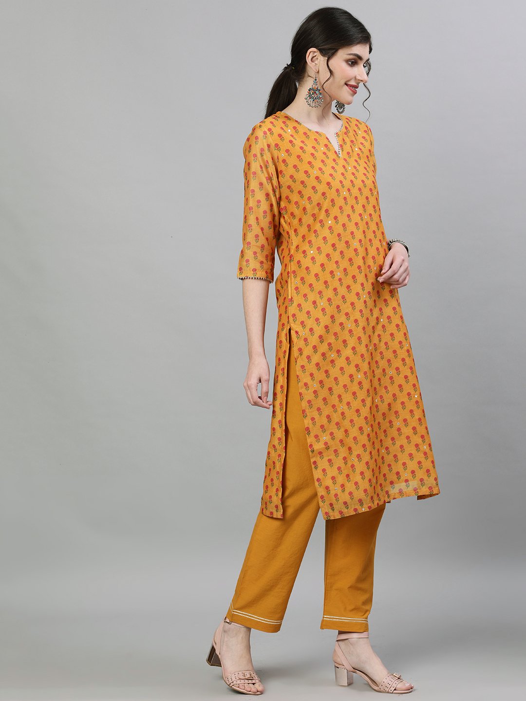 Ishin Women's Chanderi Silk Mustard Embellished Straight Kurta Trouser Dupatta Set