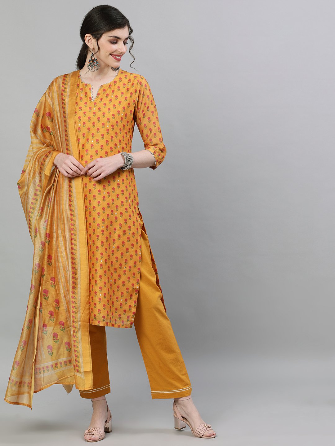 Ishin Women's Chanderi Silk Mustard Embellished Straight Kurta Trouser Dupatta Set